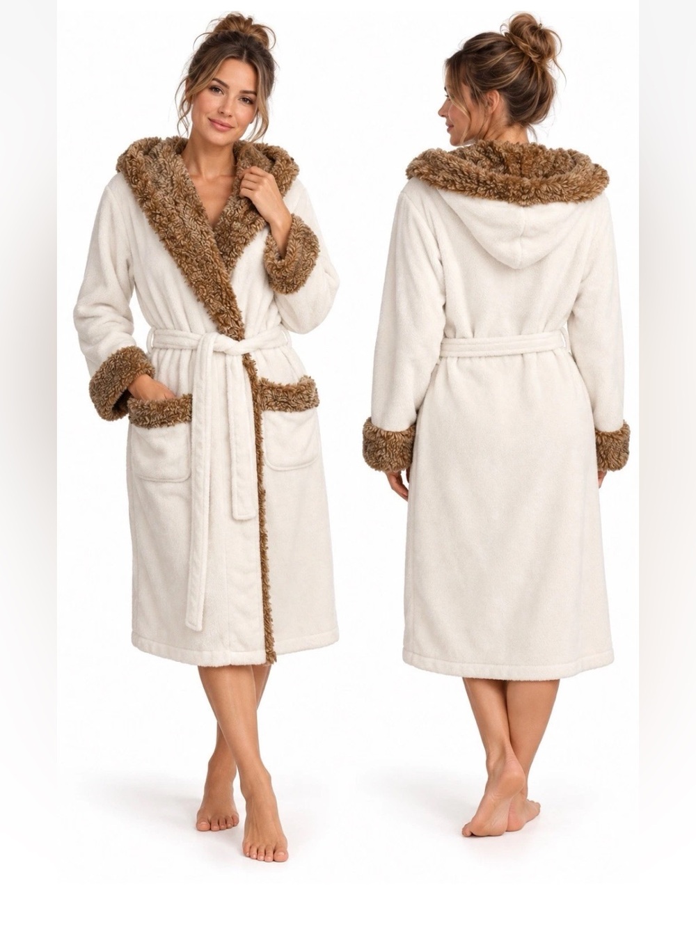 Pottery Barn Ombré Ivory Plush Faux Fur Trim Hooded Robe Unisex XL Luxury Spa